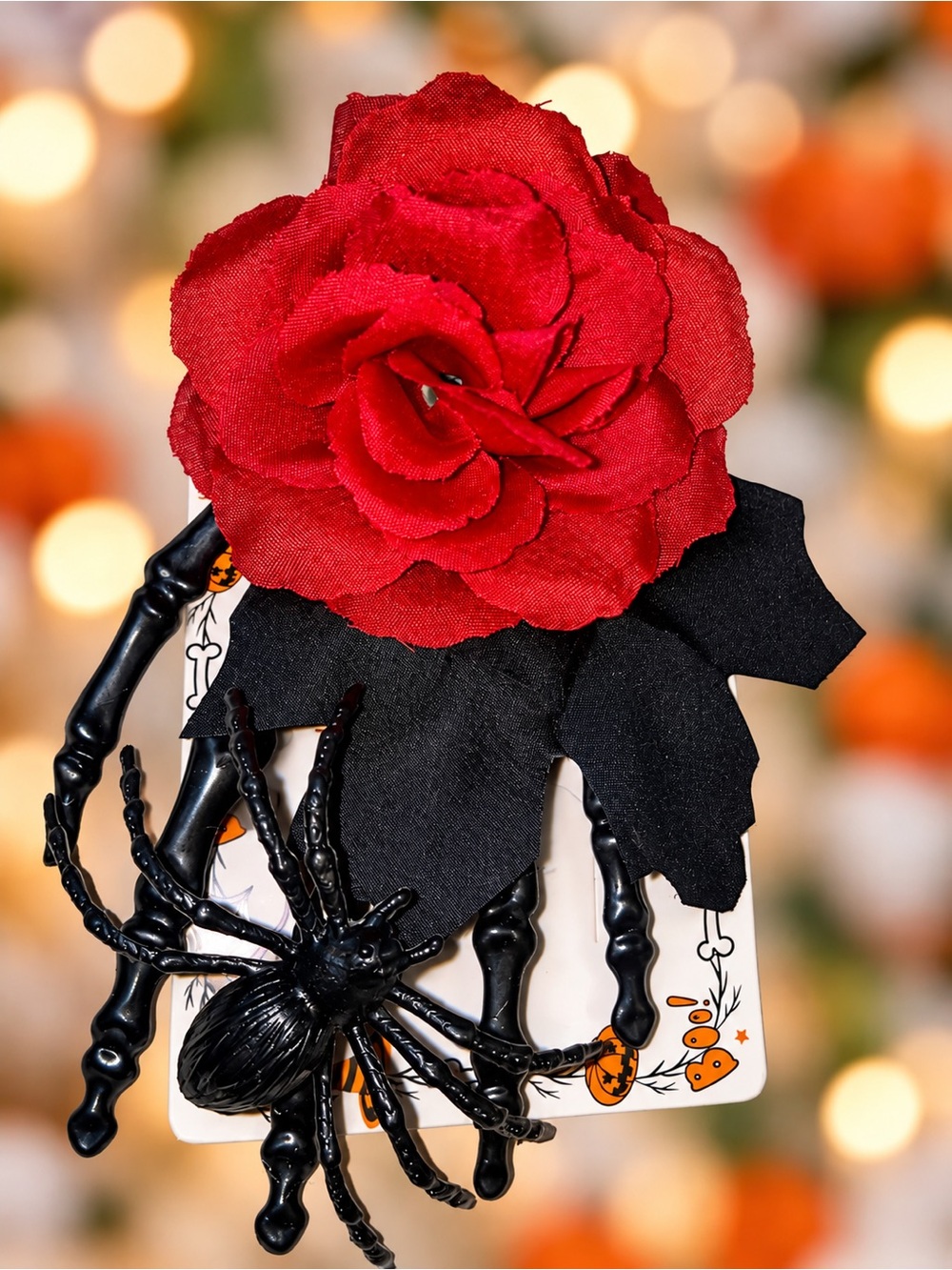Red Rose Hair Clip with Black Spider Accent - Women Accessories